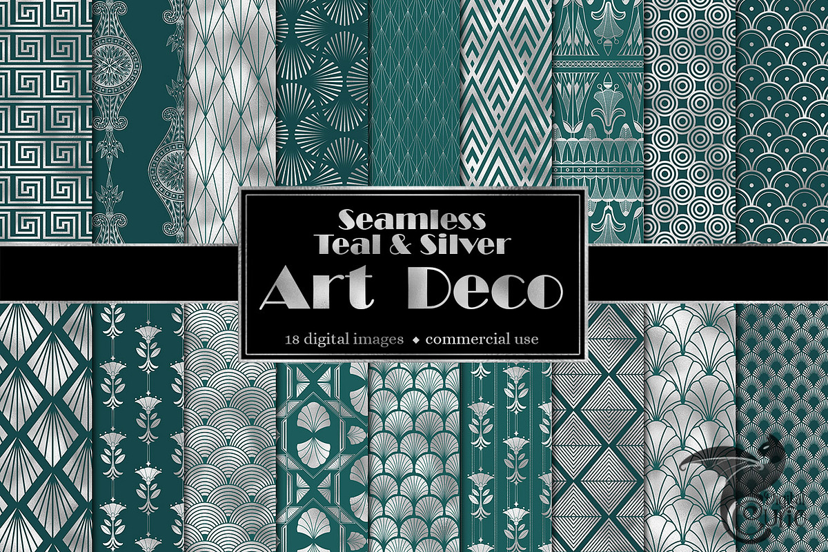 Teal and Silver Art Deco Digital Pap in Patterns - product preview 8