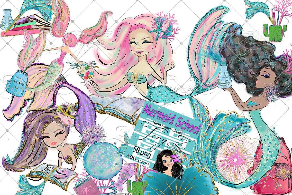 Mermaids School Clipart in Illustrations - product preview 8