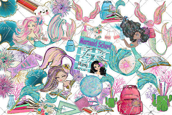 Mermaids School Clipart in Illustrations - product preview 7