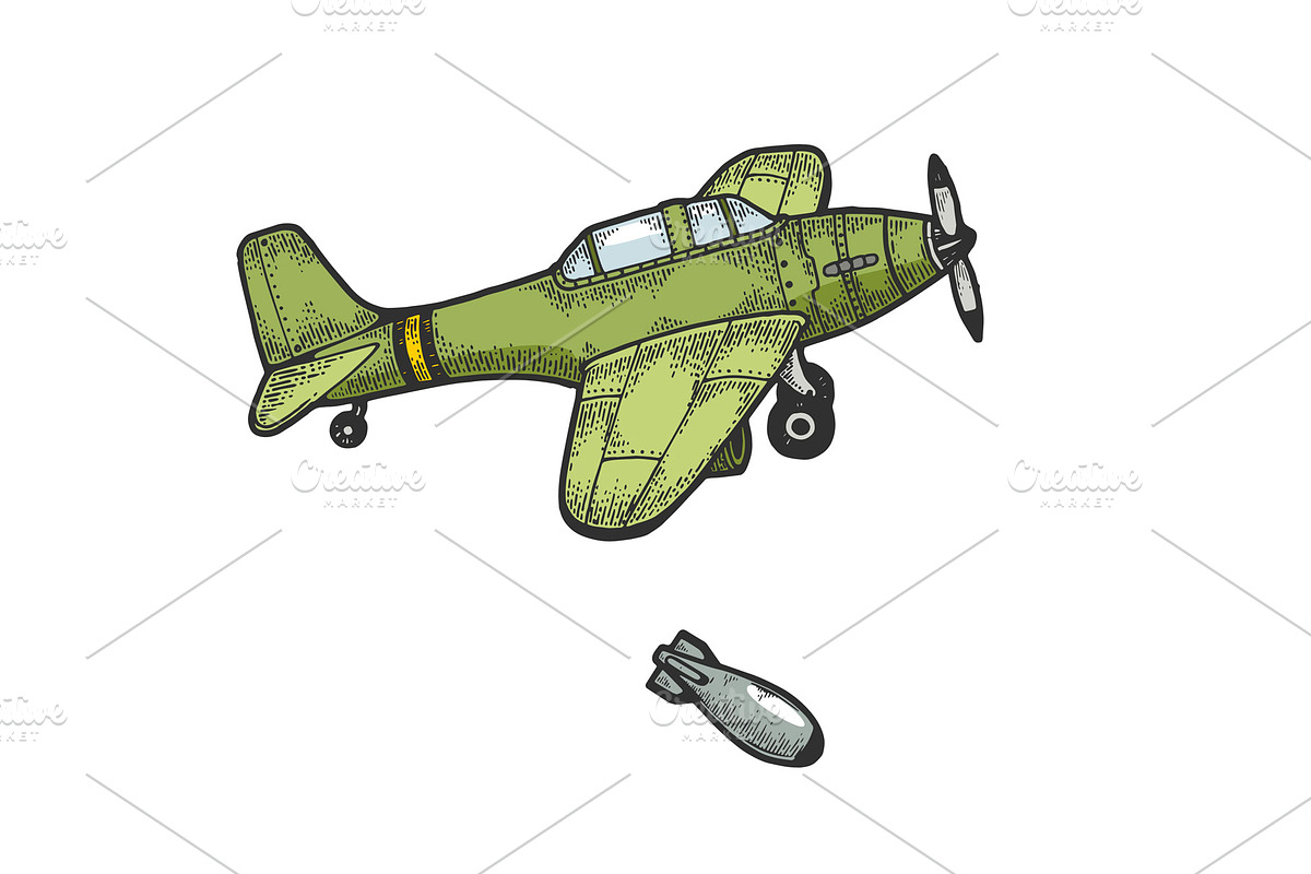 Bomber plane drops bomb color sketch in Illustrations - product preview 8