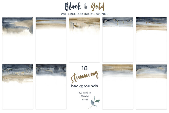 Black and Gold Watercolor Background in Textures - product preview 1
