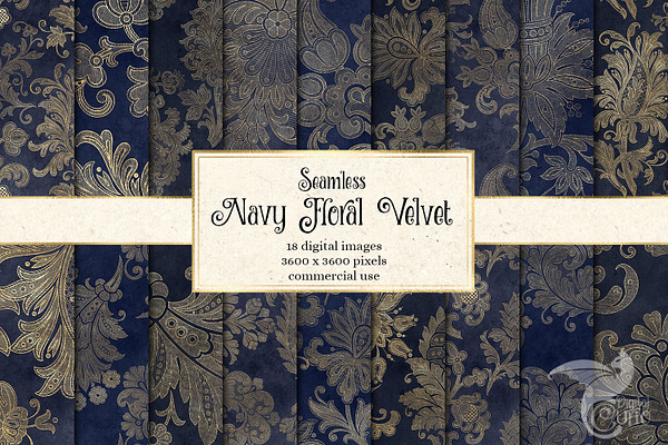 Navy Floral Velvet Digital Paper