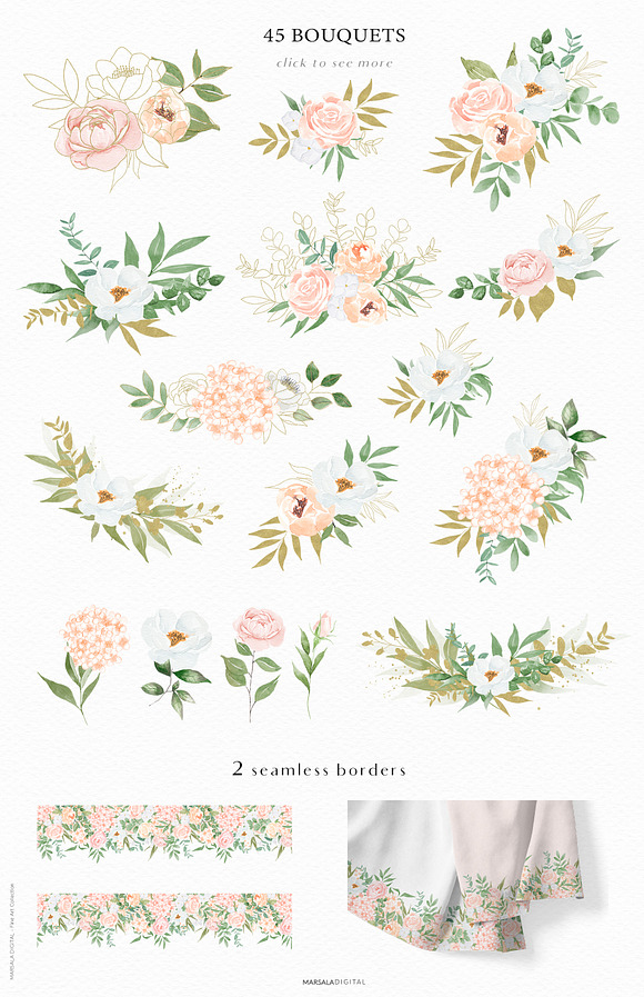 Watercolor Florals Peach & White in Illustrations - product preview 2