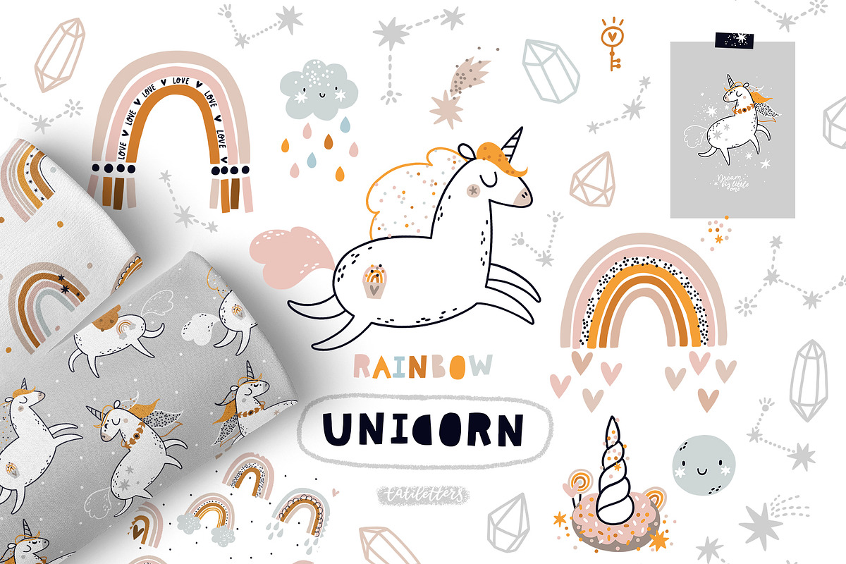 Rainbow Unicorn Clipart & patterns in Illustrations - product preview 8