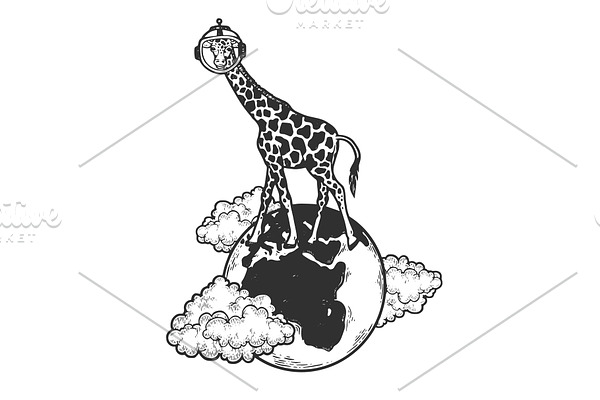 Giraffe in space helmet on globe