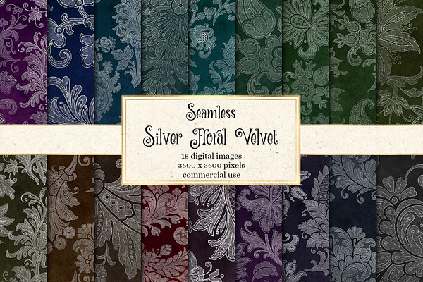 Silver Floral Velvet Digital Paper