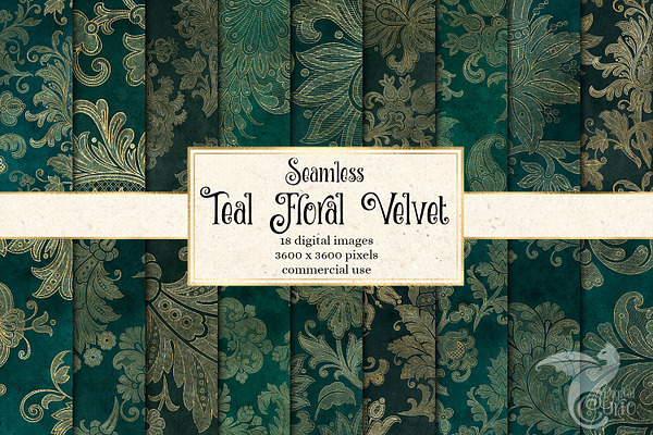 Teal Floral Velvet Digital Paper