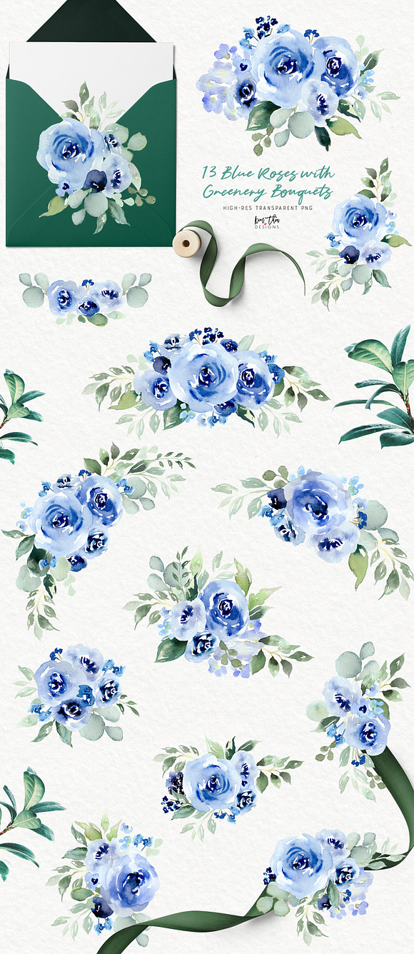 Blue Roses with Greenery in Illustrations - product preview 2