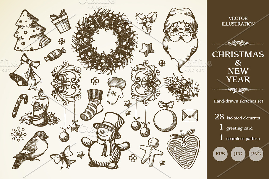 Hand drawn sketch Christmas set in Illustrations - product preview 8