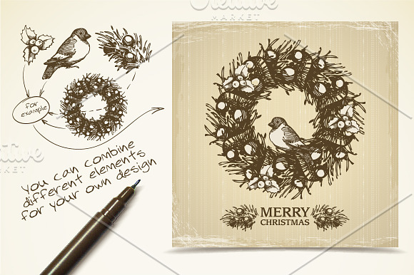 Hand drawn sketch Christmas set in Illustrations - product preview 1