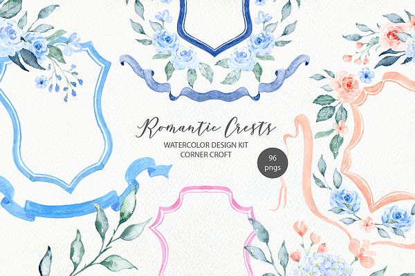 Watercolor romantic crest design kit