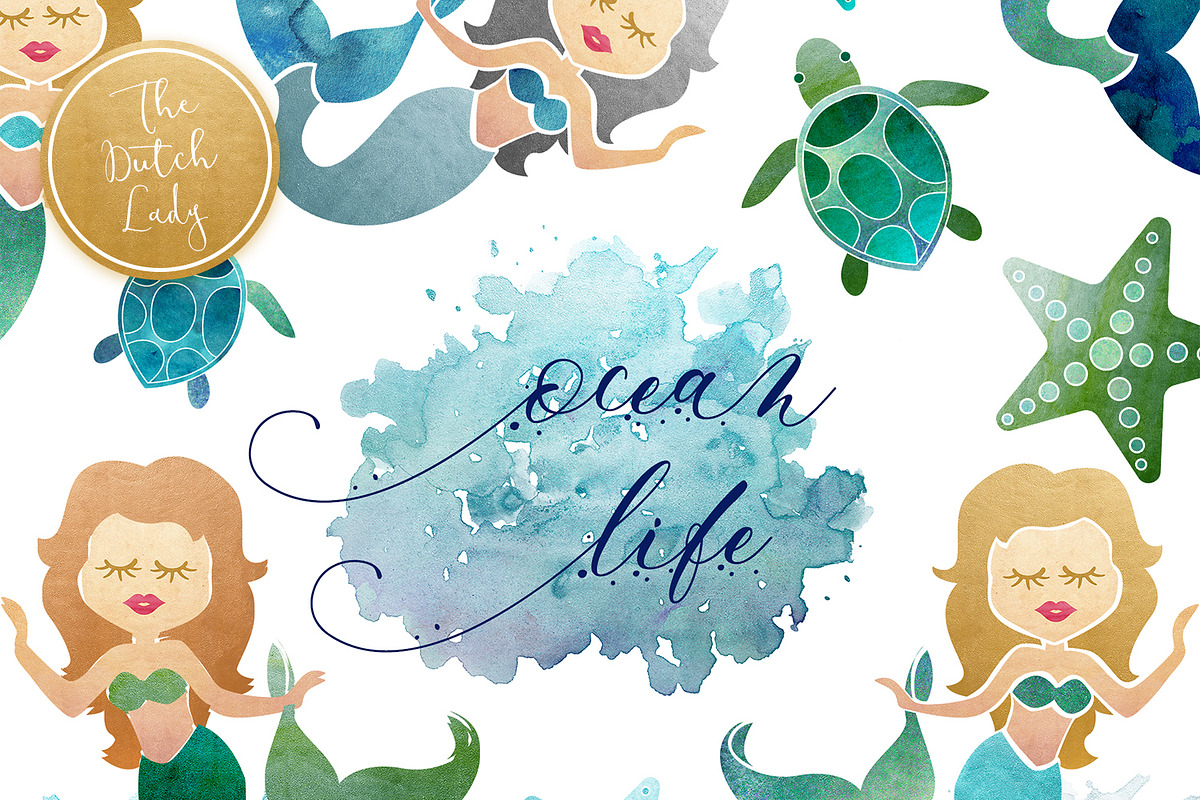 Mermaid & Ocean Life Clipart Set in Illustrations - product preview 8
