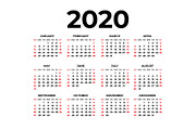 Calendar for 2020 on white