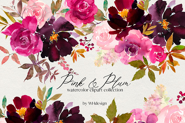 Pink Plum Watercolor Floral Clipart