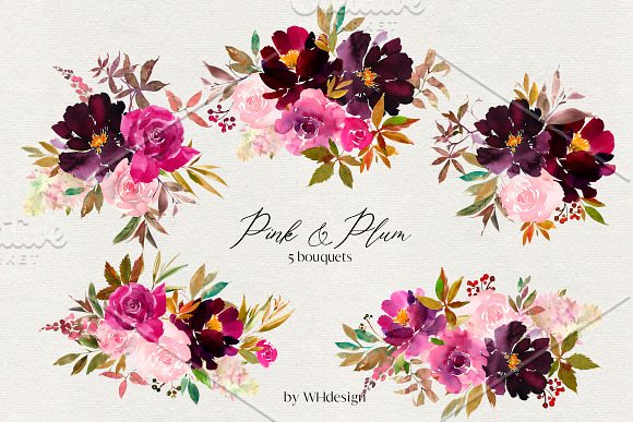 Pink Plum Watercolor Floral Clipart in Illustrations - product preview 1
