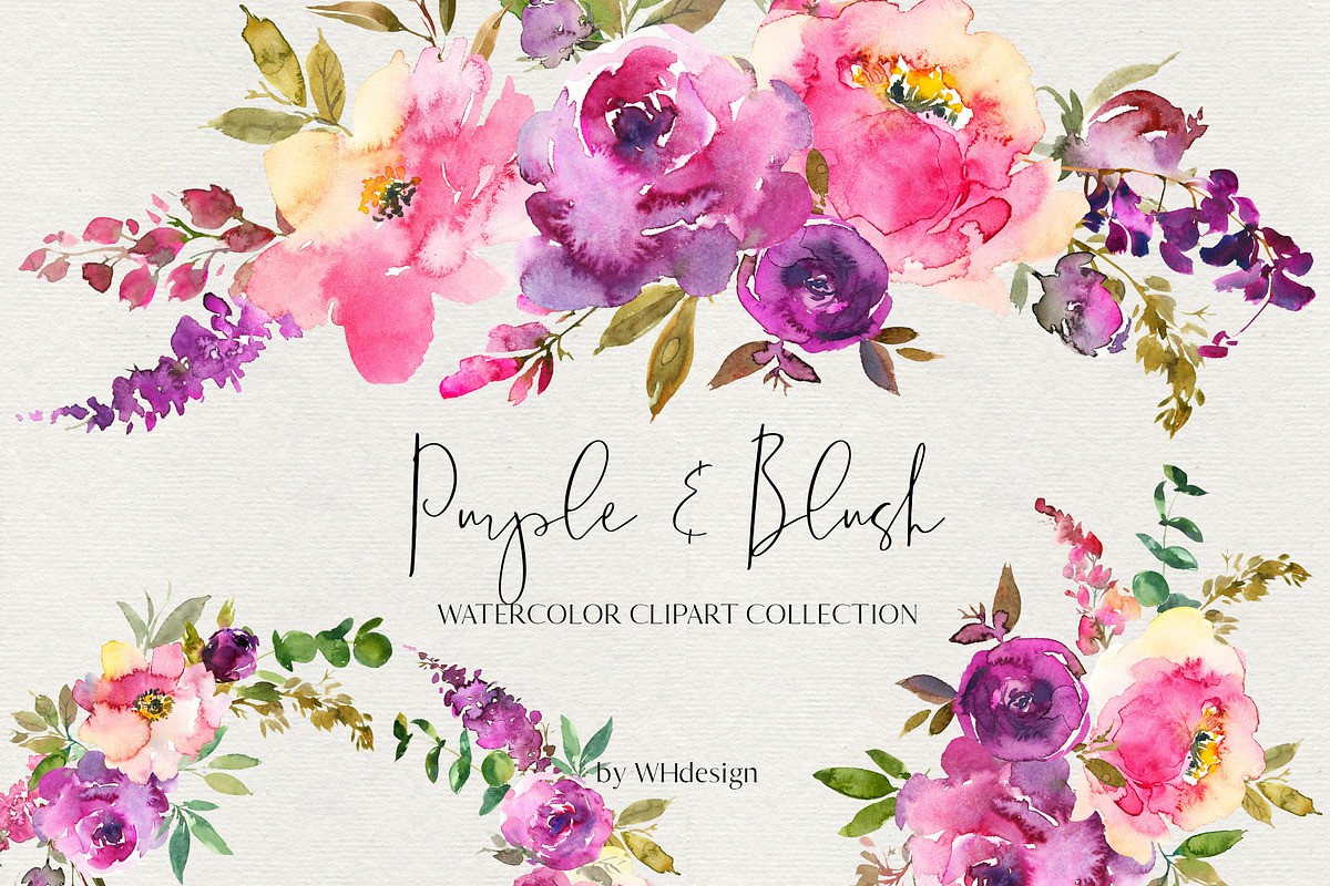 Purple Blush Watercolor Flowers PNG in Illustrations - product preview 8