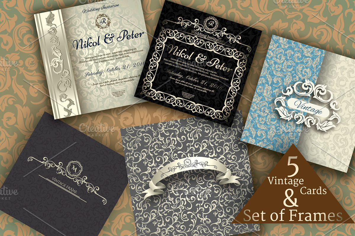 Set of Vintage Invitations & Frames in Wedding Templates - product preview 8