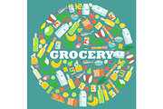Grocery food store items in round