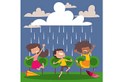 Children enjoy the rain, vector