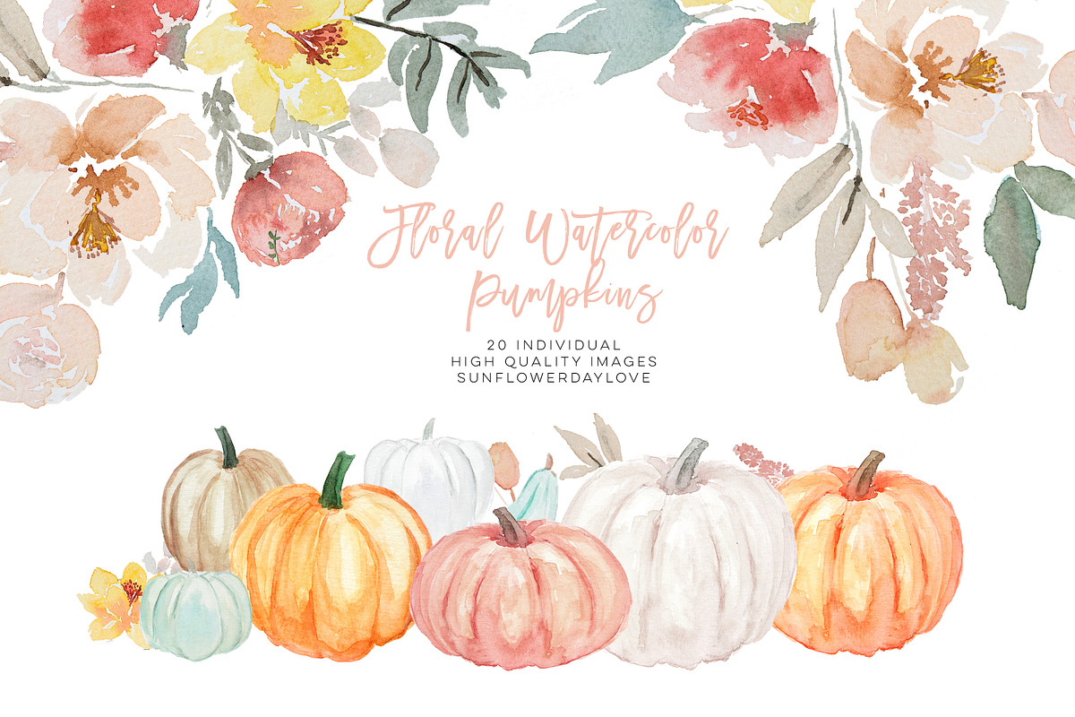 Pumpkin and Floral Watercolor in Illustrations - product preview 8