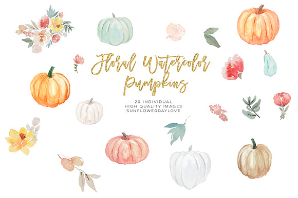 Pumpkin and Floral Watercolor in Illustrations - product preview 2