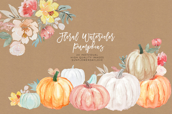 Pumpkin and Floral Watercolor in Illustrations - product preview 3