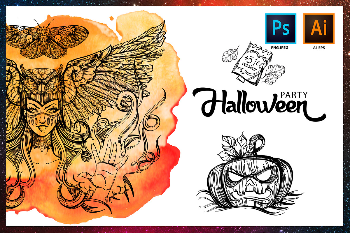 Halloween Party. Outline Set in Illustrations - product preview 8