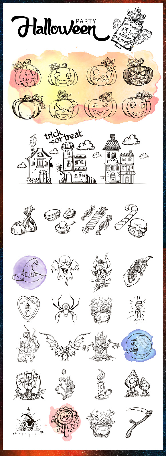 Halloween Party. Outline Set in Illustrations - product preview 1