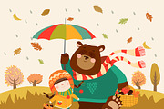 Girl and bear walking under umbrella