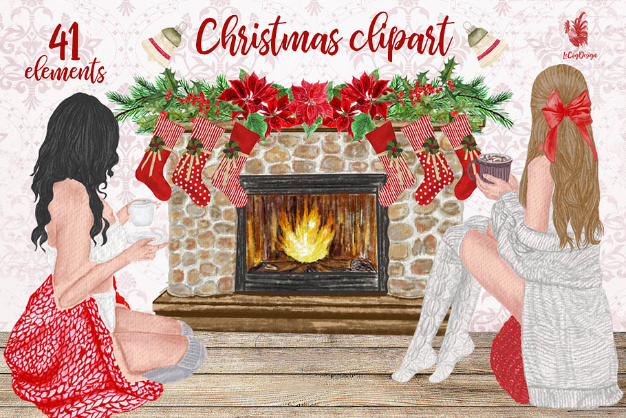 Christmas Girls Clipart Fireplace in Illustrations - product preview 8