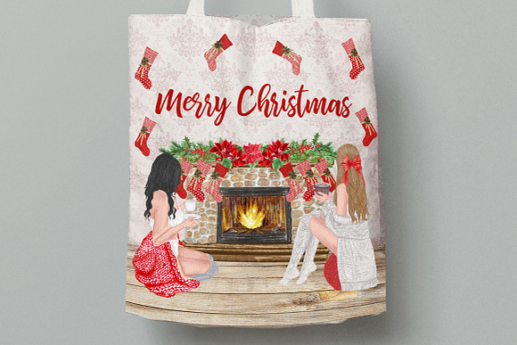 Christmas Girls Clipart Fireplace in Illustrations - product preview 6