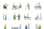 Nursing elderly people icons set