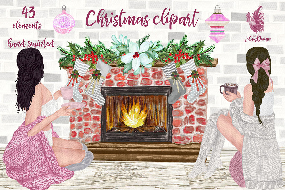 Christmas Girls Clipart, Fireplace in Illustrations - product preview 8
