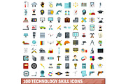 100 technology skill icons set, flat