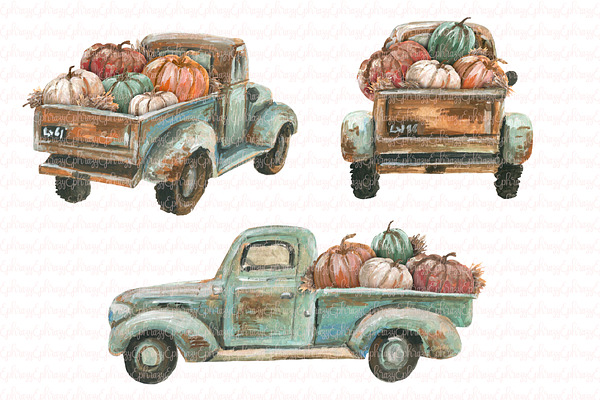 Turquoise truck with pumpkins. Fall