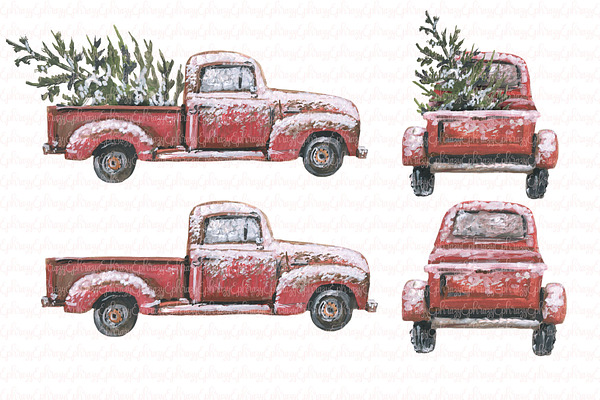 Red Christmas truck clipart set
