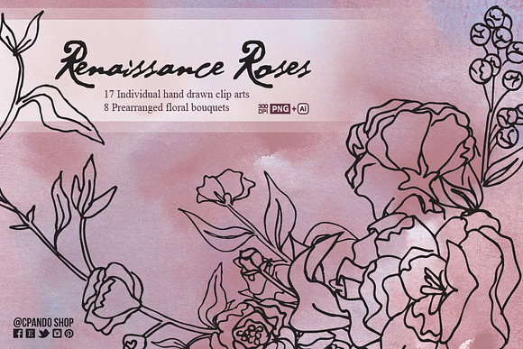 Renaissance Roses hand drawn flowers in Illustrations - product preview 1