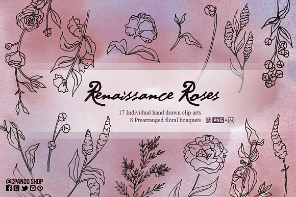 Renaissance Roses hand drawn flowers in Illustrations - product preview 2