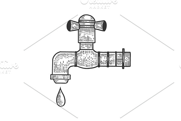Water tap with drop sketch vector