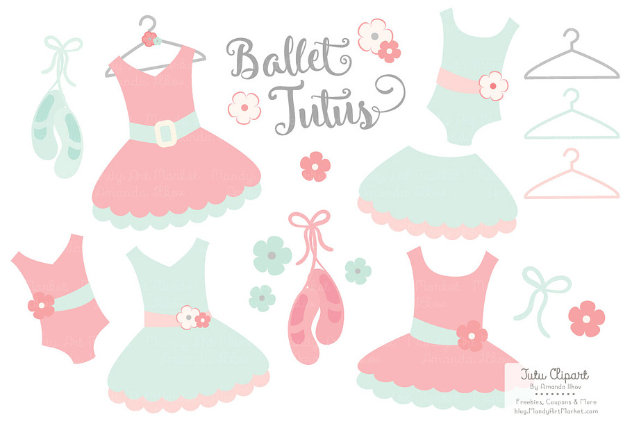 Mint & Coral Ballet Tutus Clipart in Illustrations - product preview 8
