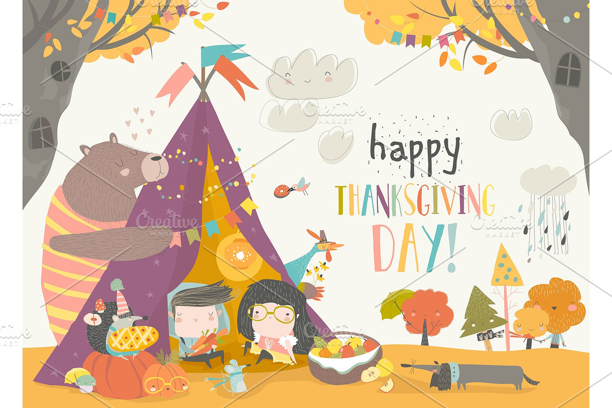 Cute kids celebrating Thanksgiving in Illustrations - product preview 8