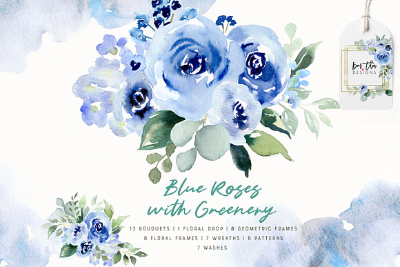 Blue Roses with Greenery in Illustrations - product preview 9