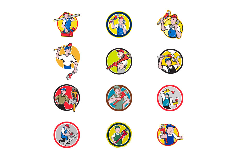 Plumber Mascot Circle Cartoon Set