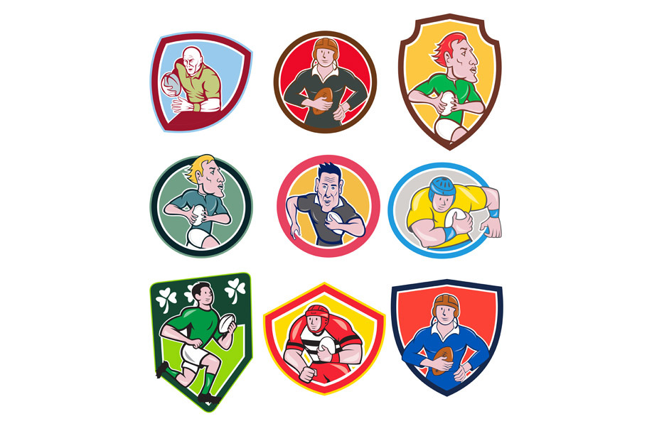 Rugby Player Icon Cartoon Set
