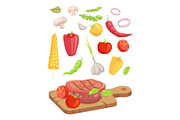 Meat Served on Board Icon Set Vector