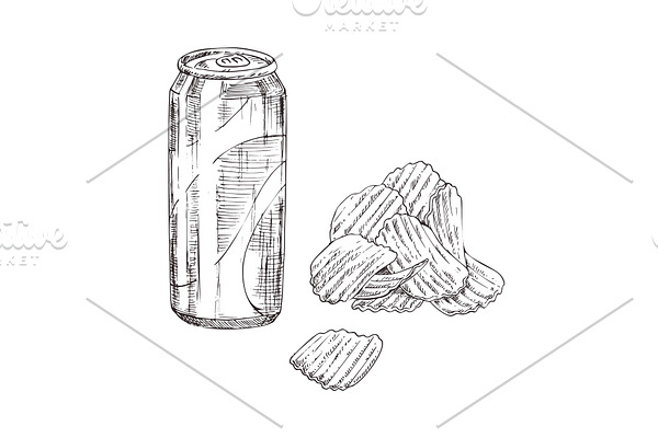 Chips and Soda Monochrome Sketch