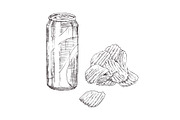 Chips and Soda Monochrome Sketch