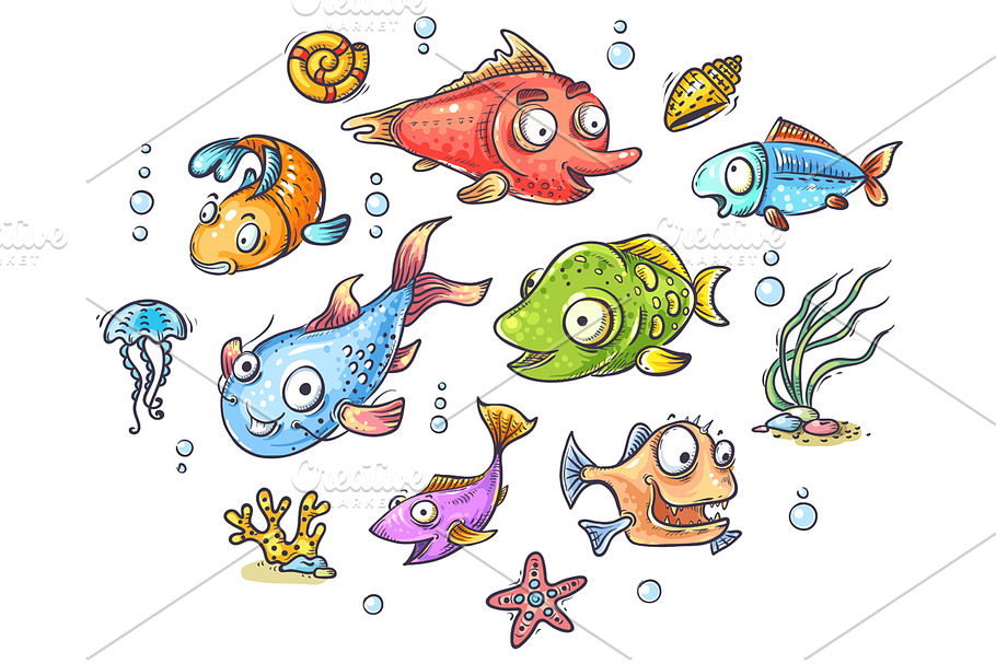 A set of cartoon tropical fishes