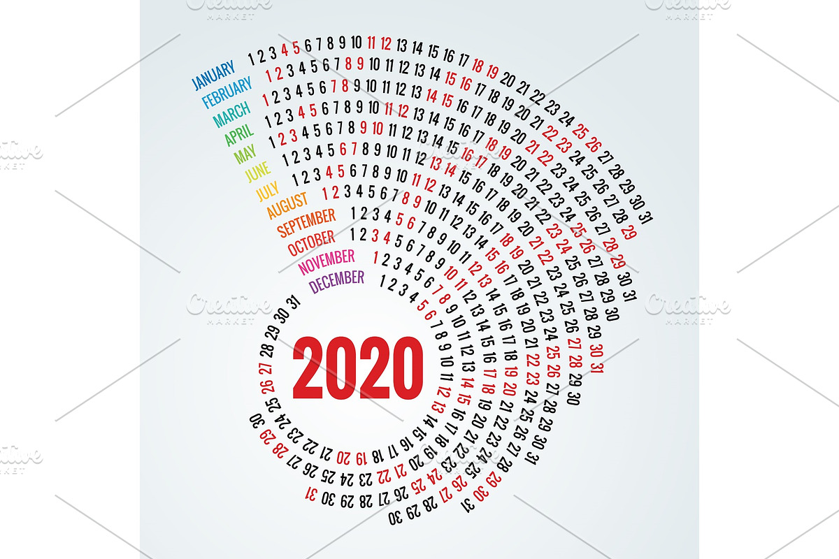 Colorful round calendar 2020 design in Textures - product preview 8