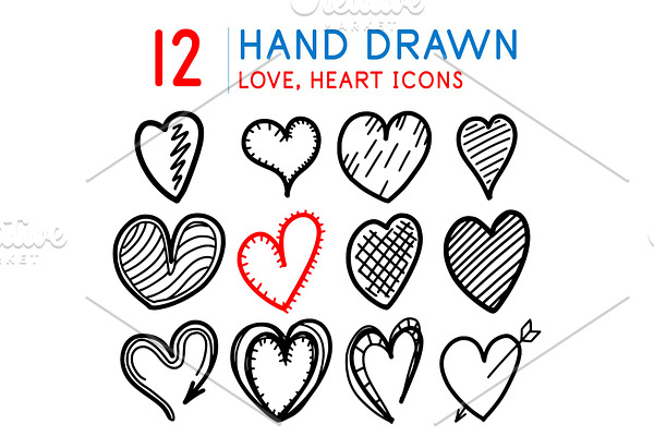 Set of hand drawn love, hearts icons